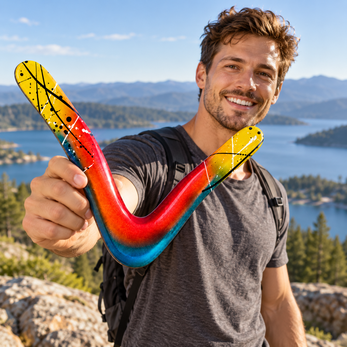 Boomzi Adult Wooden Returning Boomerang with Vivid Gradient & Dynamic Splatter Artwork