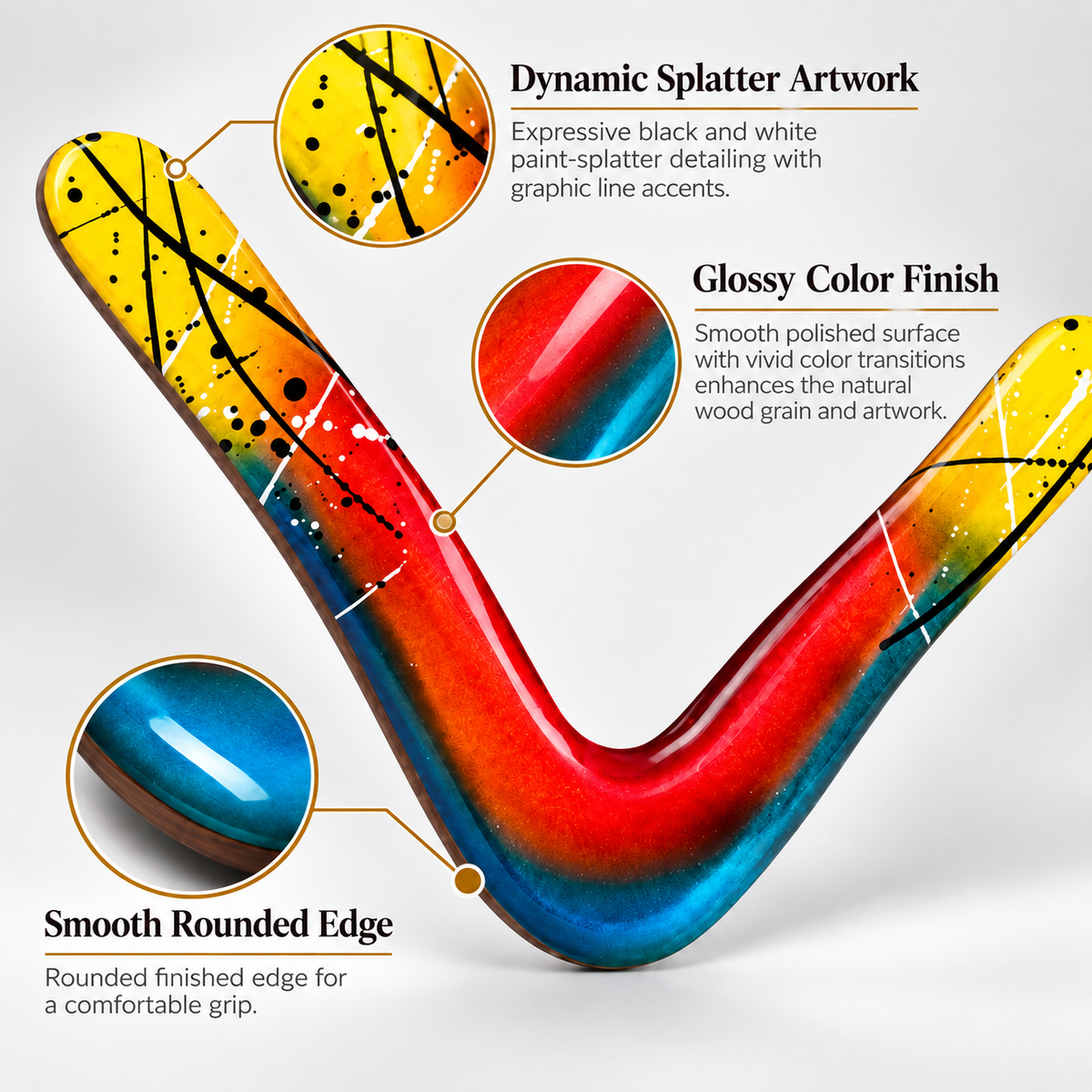 Boomzi Adult Wooden Returning Boomerang with Vivid Gradient & Dynamic Splatter Artwork