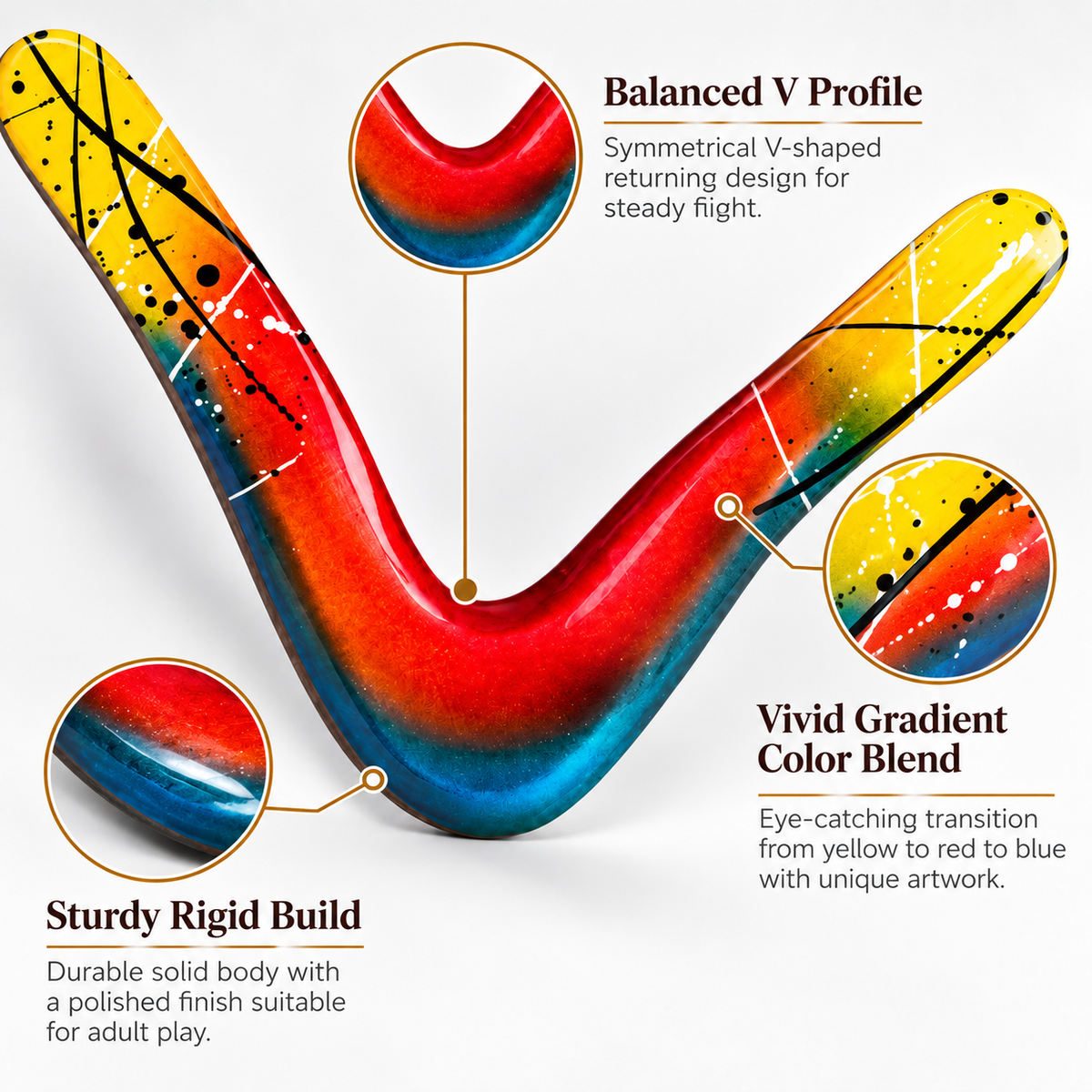Boomzi Adult Wooden Returning Boomerang with Vivid Gradient & Dynamic Splatter Artwork