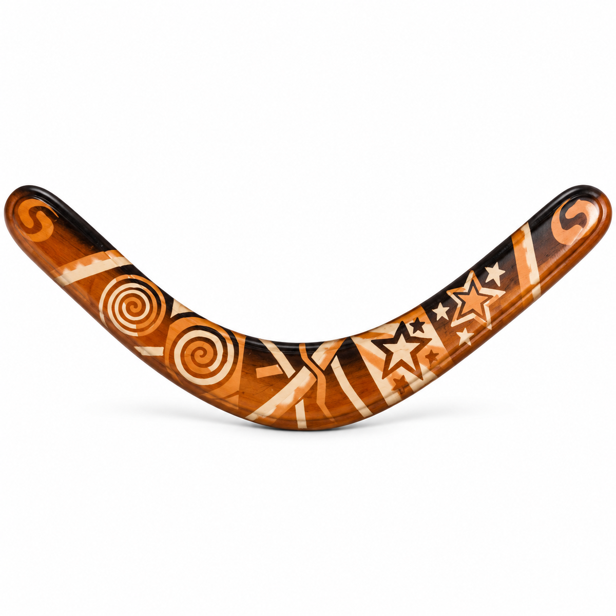 Boomzi Adult Wooden Returning Boomerang with Tribal Spiral & Star Artwork
