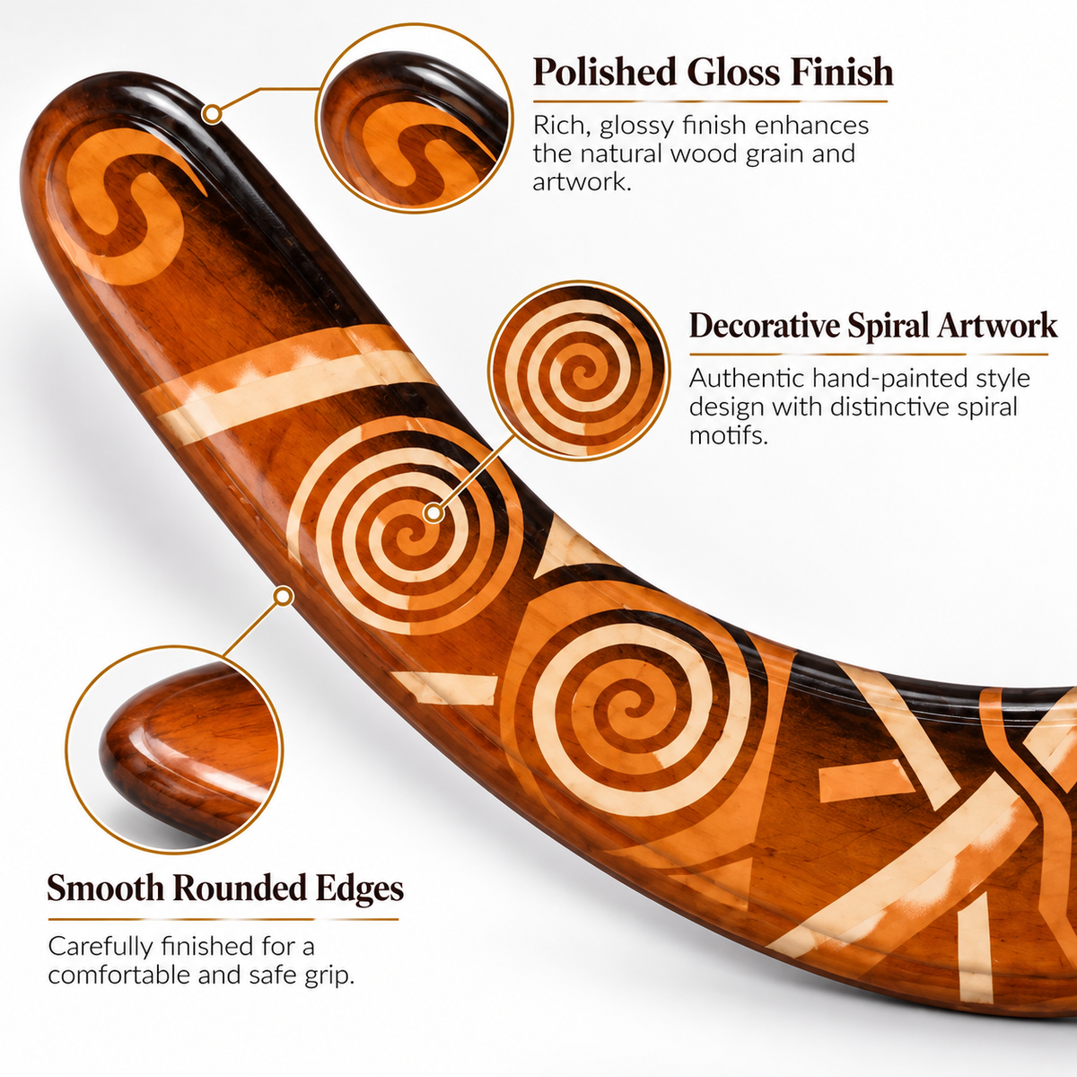 Boomzi Adult Wooden Returning Boomerang with Tribal Spiral & Star Artwork