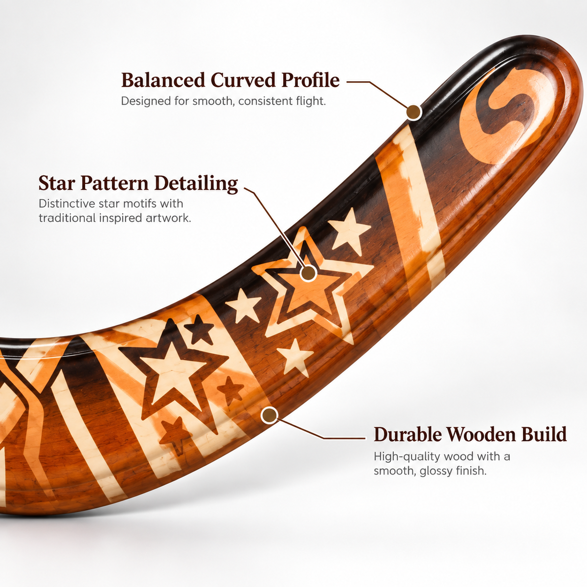 Boomzi Adult Wooden Returning Boomerang with Tribal Spiral & Star Artwork