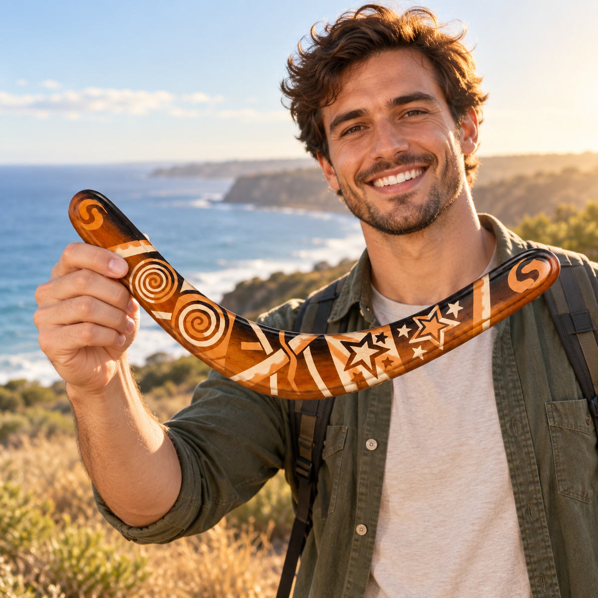 Boomzi Adult Wooden Returning Boomerang with Tribal Spiral & Star Artwork