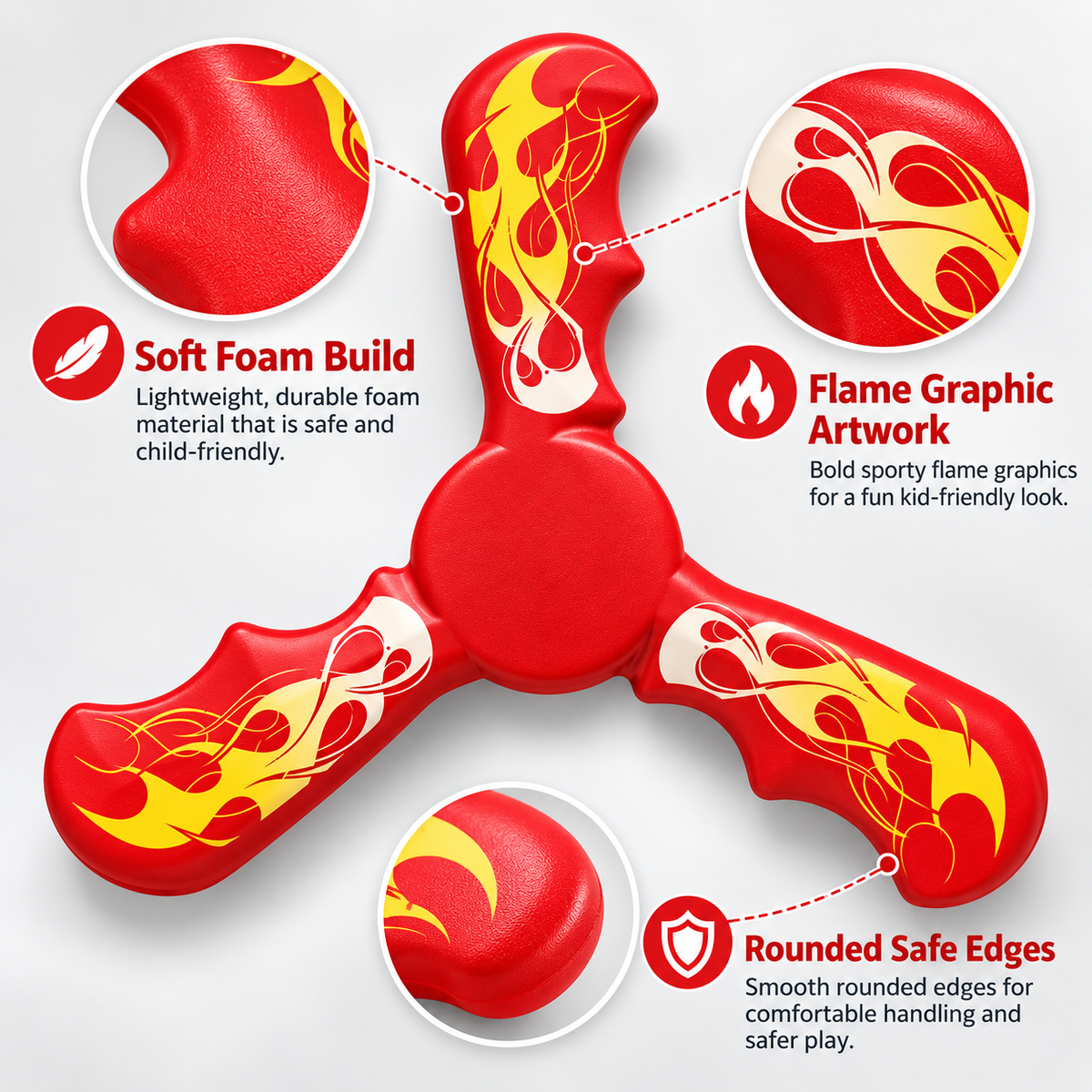 Boomzi Kids 3 Arm Soft Foam Returning Boomerang with Flame Graphic Artwork