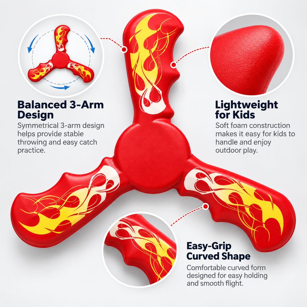 Boomzi Kids 3 Arm Soft Foam Returning Boomerang with Flame Graphic Artwork