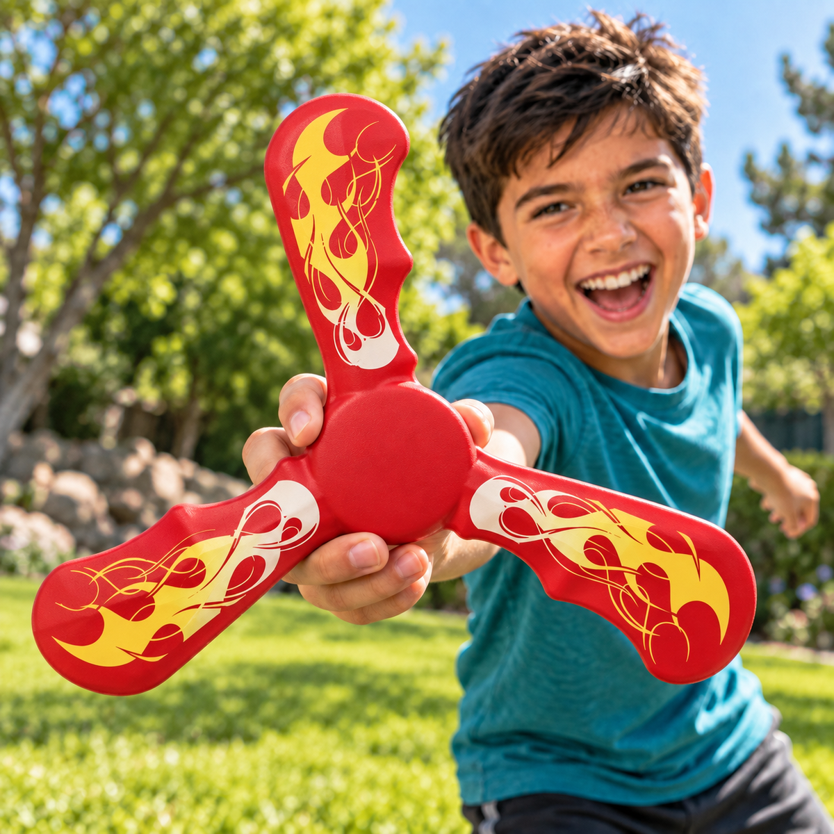 Boomzi Kids 3 Arm Soft Foam Returning Boomerang with Flame Graphic Artwork