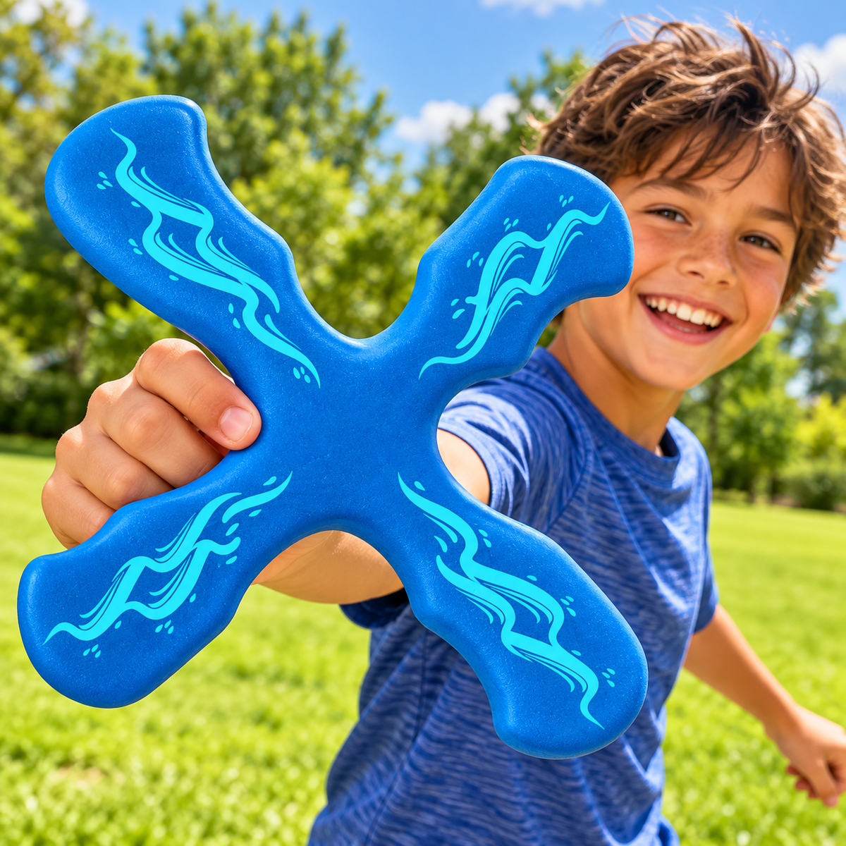Boomzi Kids 4 Arm Soft Foam Returning Boomerang with Aqua Wave Artwork