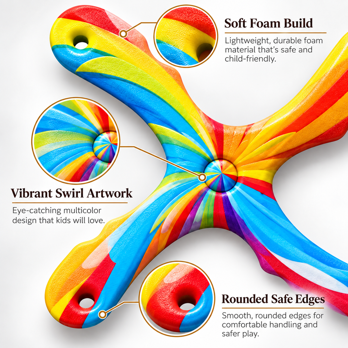 Boomzi Kids 4 Arm Soft Foam Returning Boomerang with Rainbow Swirl Artwork