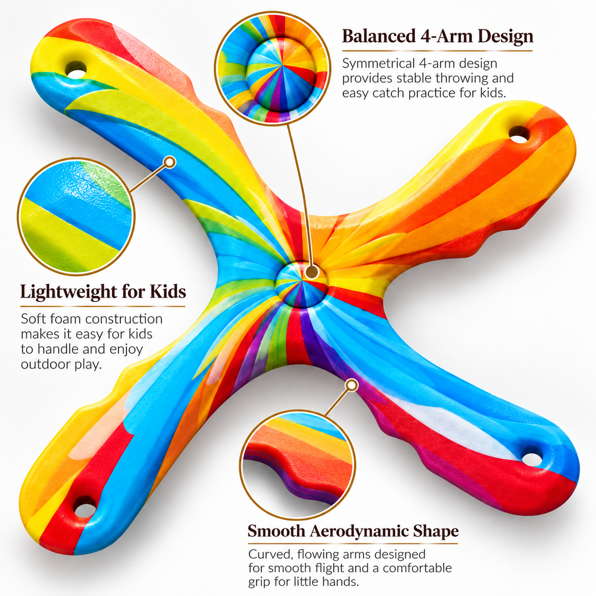 Boomzi Kids 4 Arm Soft Foam Returning Boomerang with Rainbow Swirl Artwork